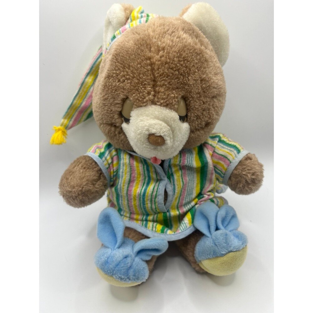 Amtoy Sleeping Teddy Bear Brown PJS Stuffed Plush Vintage 1982 Pajamas Slippers